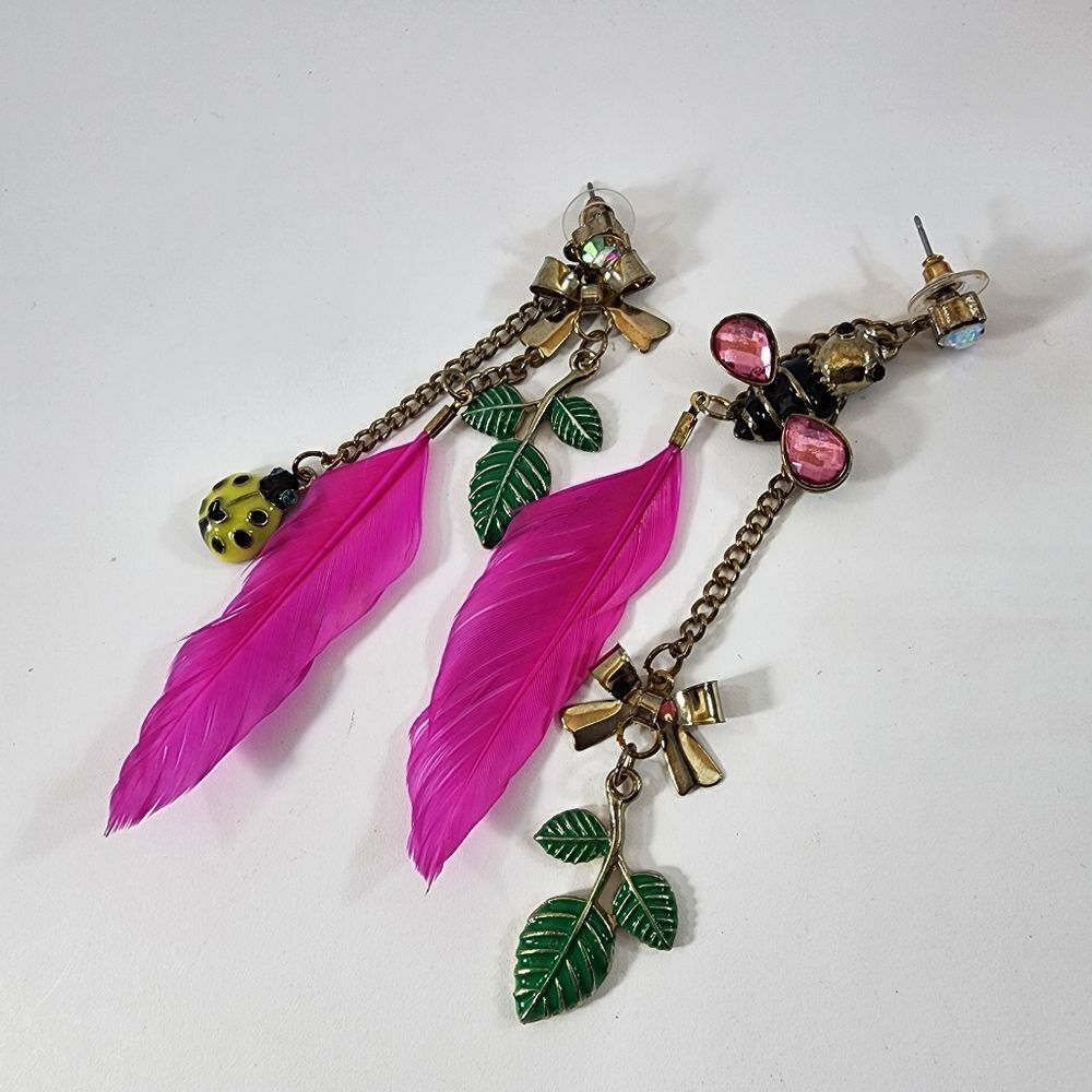 Betsey Johnson vintage feather ladybug bee earrings